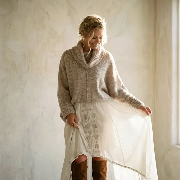 KAISLEY Scandi Neutral Heathered Cowl Turtleneck Boho Oversized Sweater Sz S - Picture 4 of 12